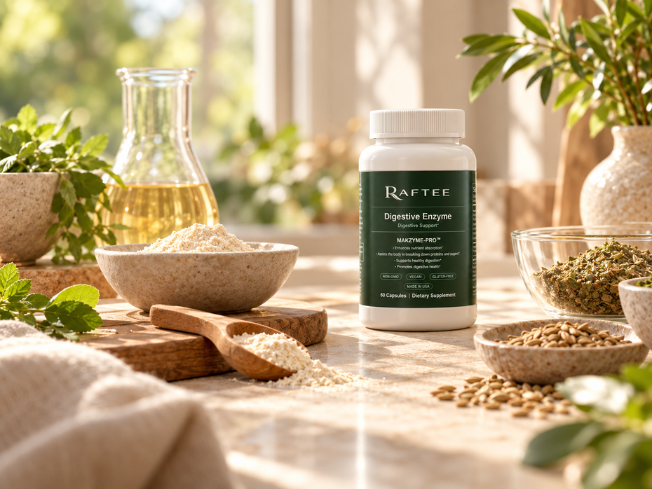 Ingredient-inspired still life with Digestive Enzyme supplement, botanical materials and sunlight