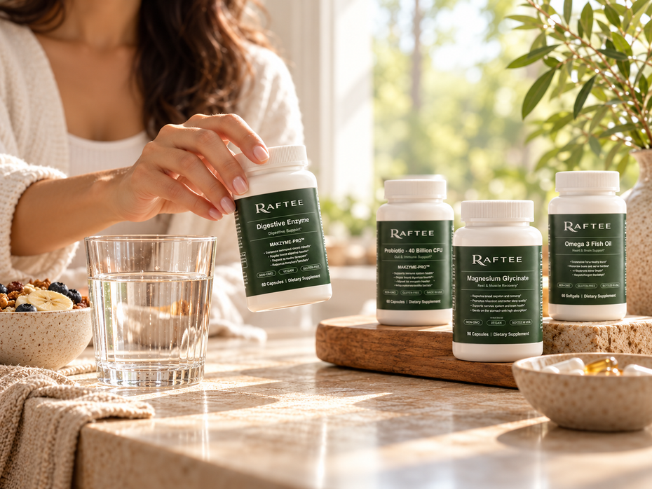 Everyday wellness routine with breakfast, water and Raftee supplements in a sunny home