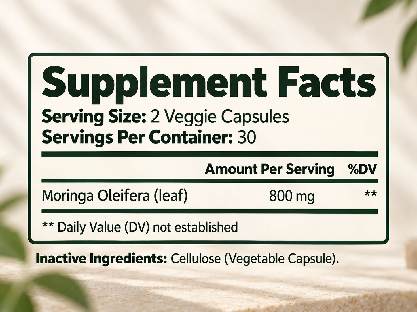 Moringa supplement facts: 800 mg per two capsules