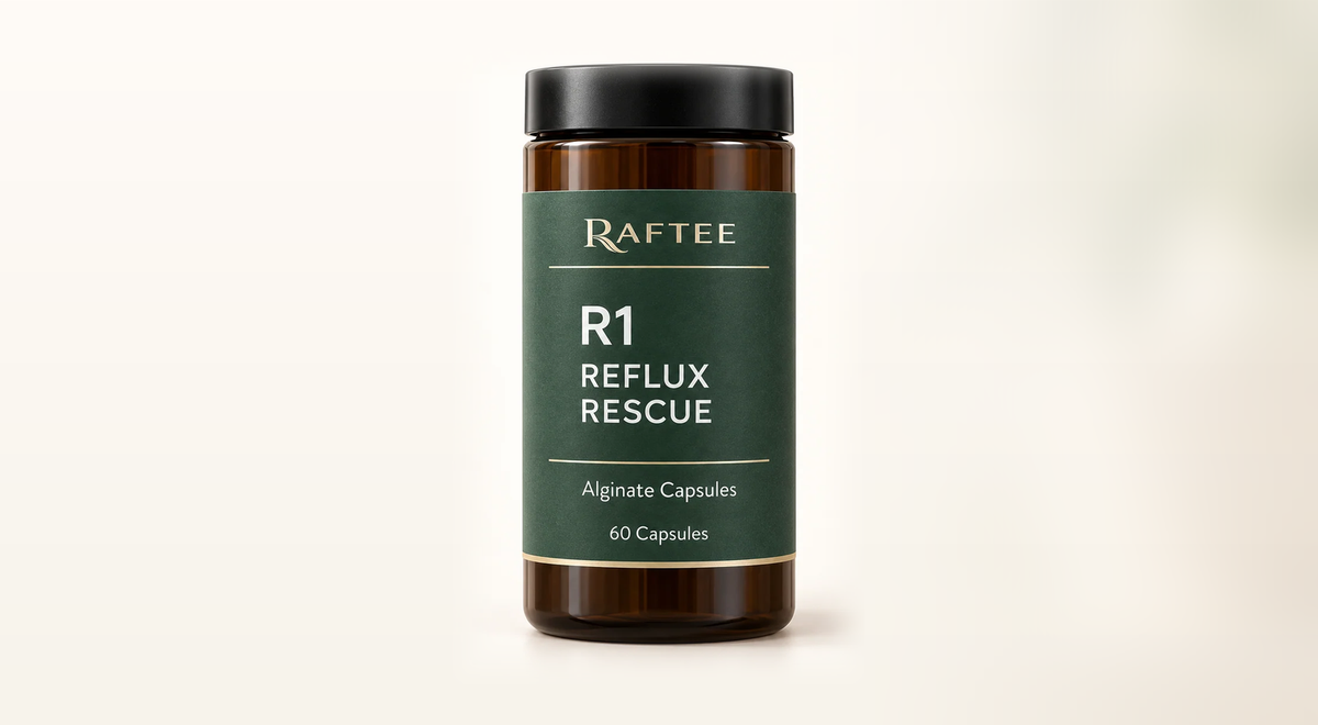 Original Raftee R1 Reflux Rescue bottle on a warm ivory background, complete black cap and intact label