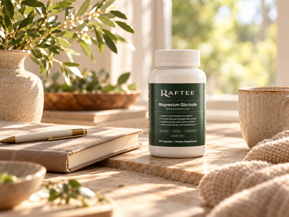 Raftee magnesium supplement beside a notebook and warm natural materials, representing informed product choices