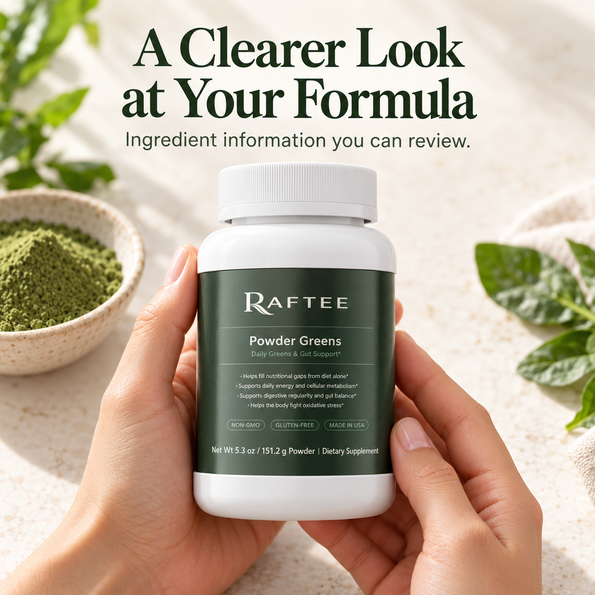 Raftee Powder Greens ingredient transparency