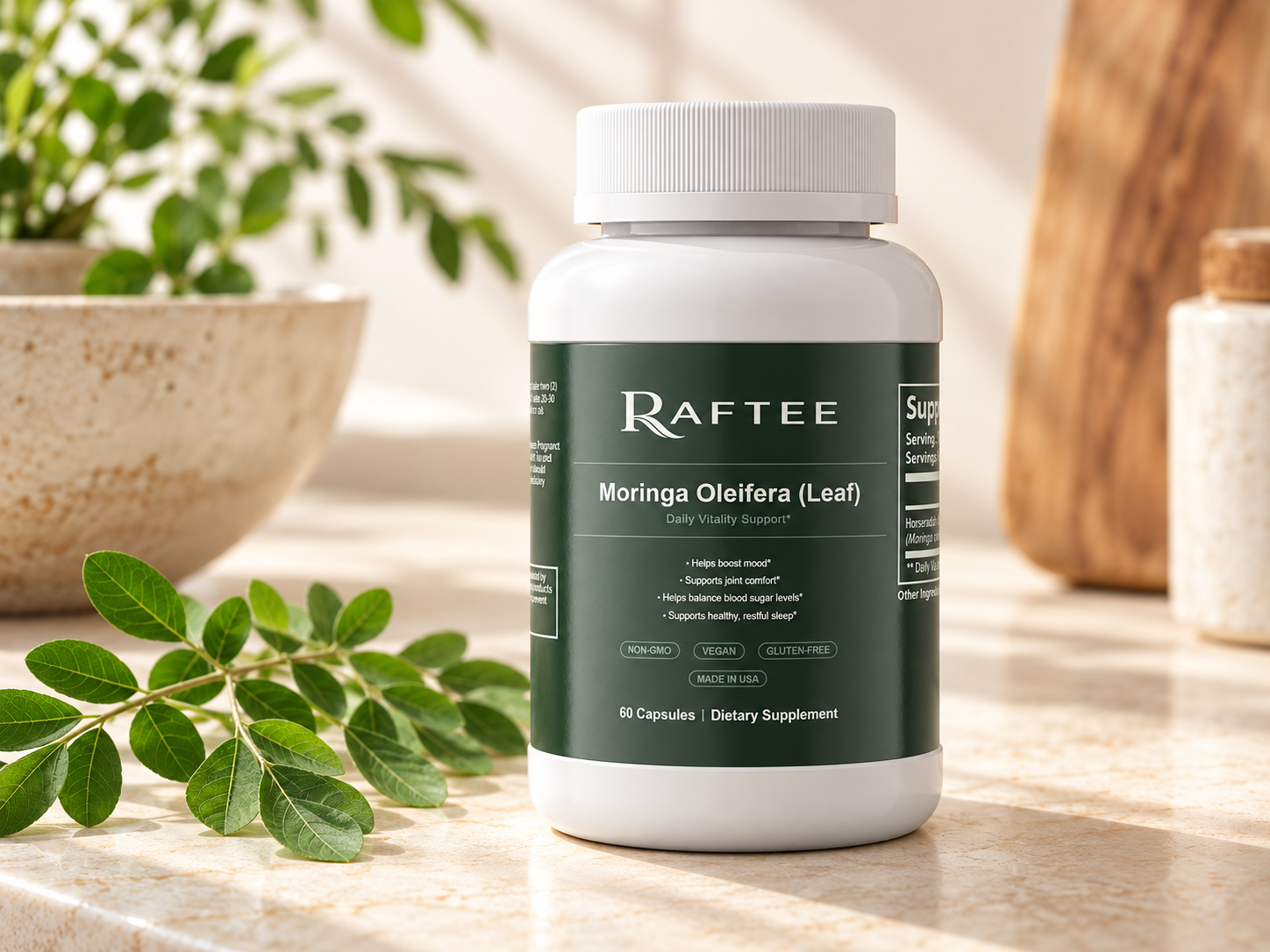 Raftee Moringa Oleifera Leaf bottle with fresh moringa leaves