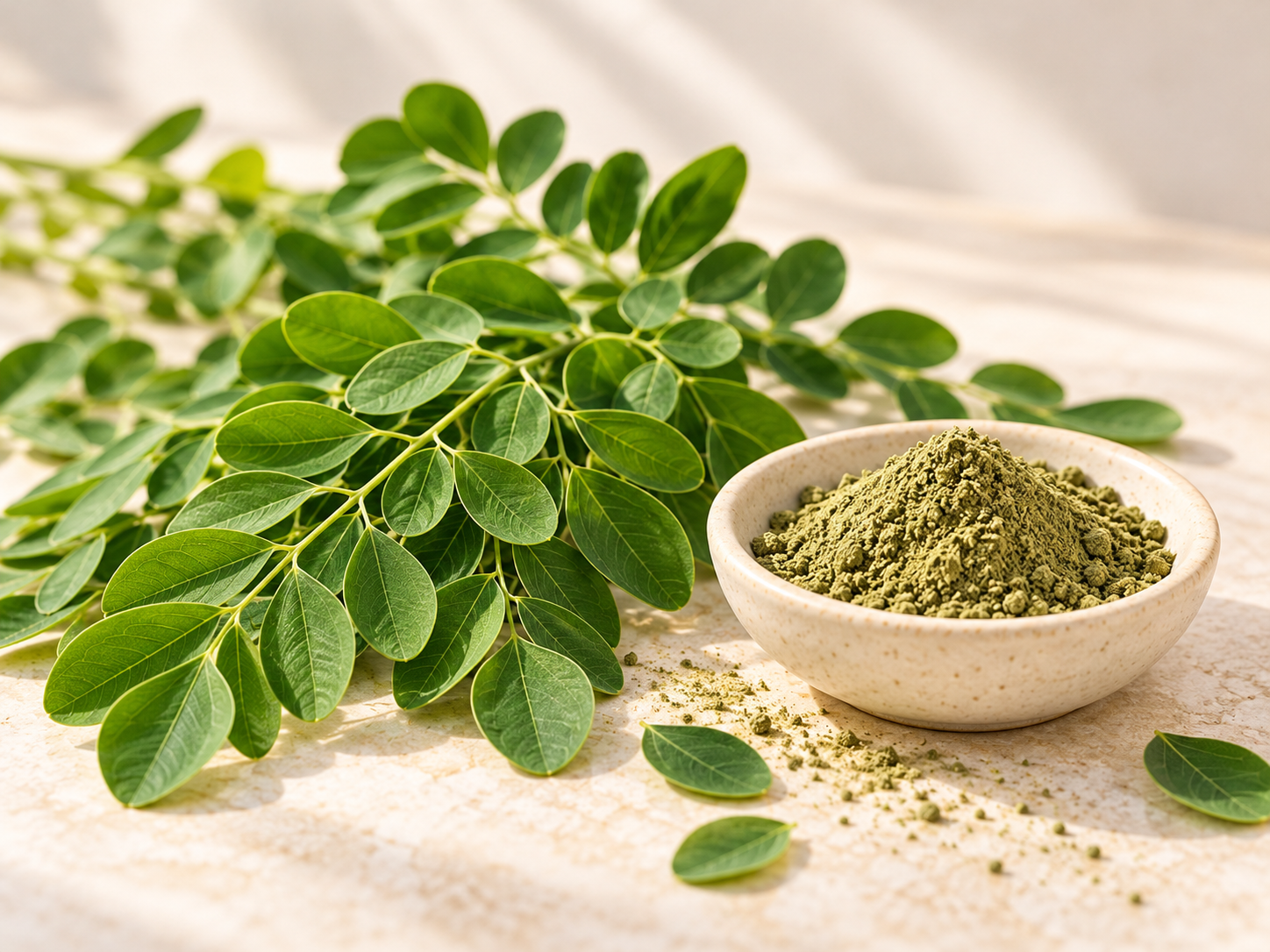 Fresh moringa leaves and leaf powder