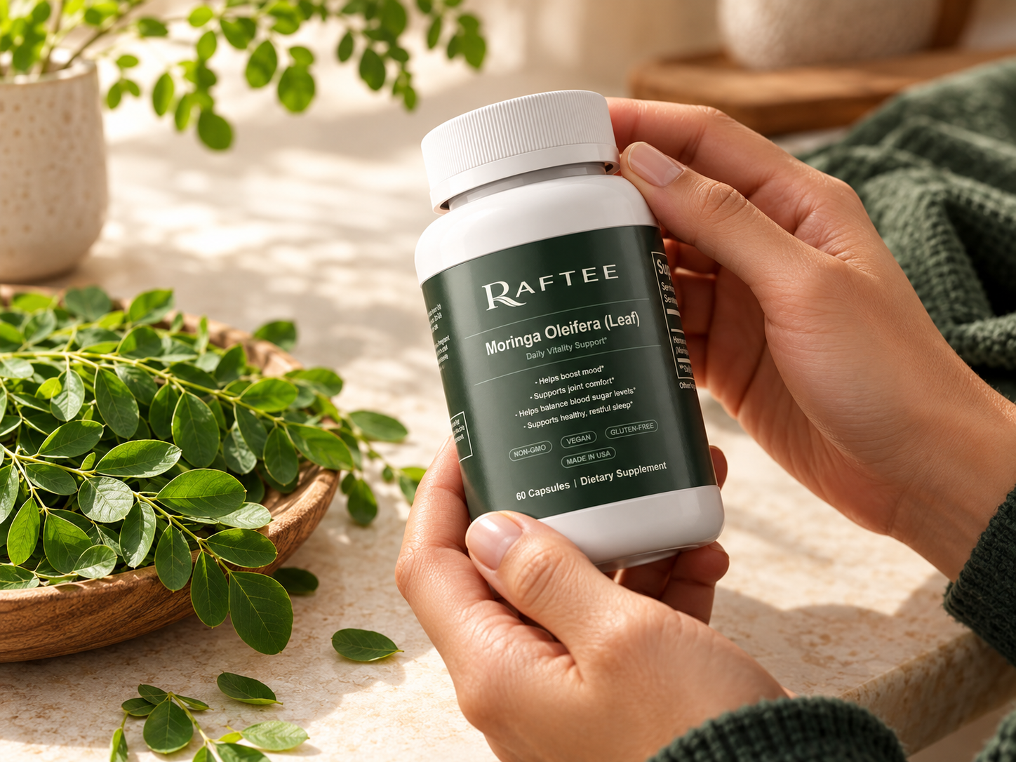 Hands inspecting Raftee Moringa bottle